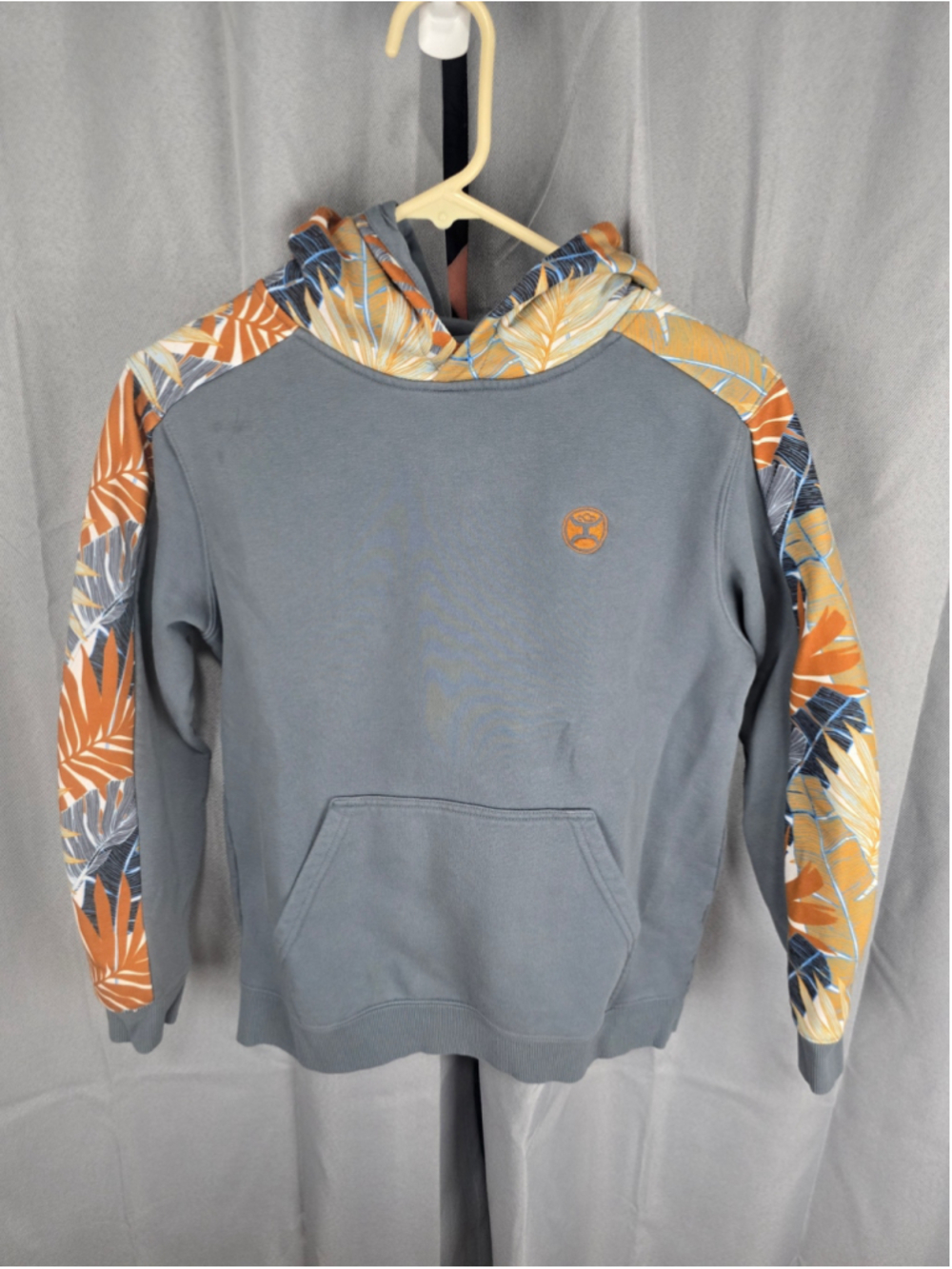 Boy's Hooey Hoodie Large Grey Orange Tropical Print Pullover Sweatshirt